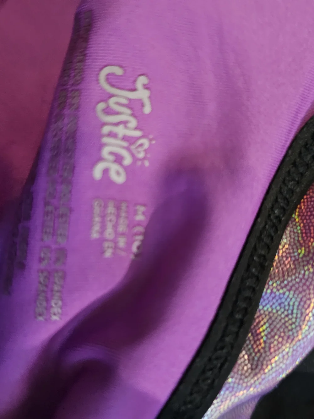 Justice Girls' Shimmery Purple Holographic One-Piece Leotard with Black Trim C10
